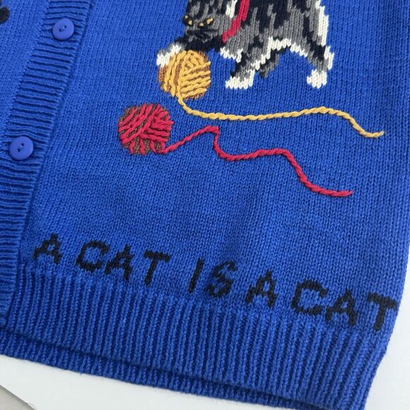 Vtg Quacker Factory, A Cat Is A Cat Cardigan Knit Sweater M Button Bell - Picture 5 of 12